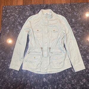 LL Bean Khaki Green Cargo Military Safari Utility Jacket Medium Drawstring